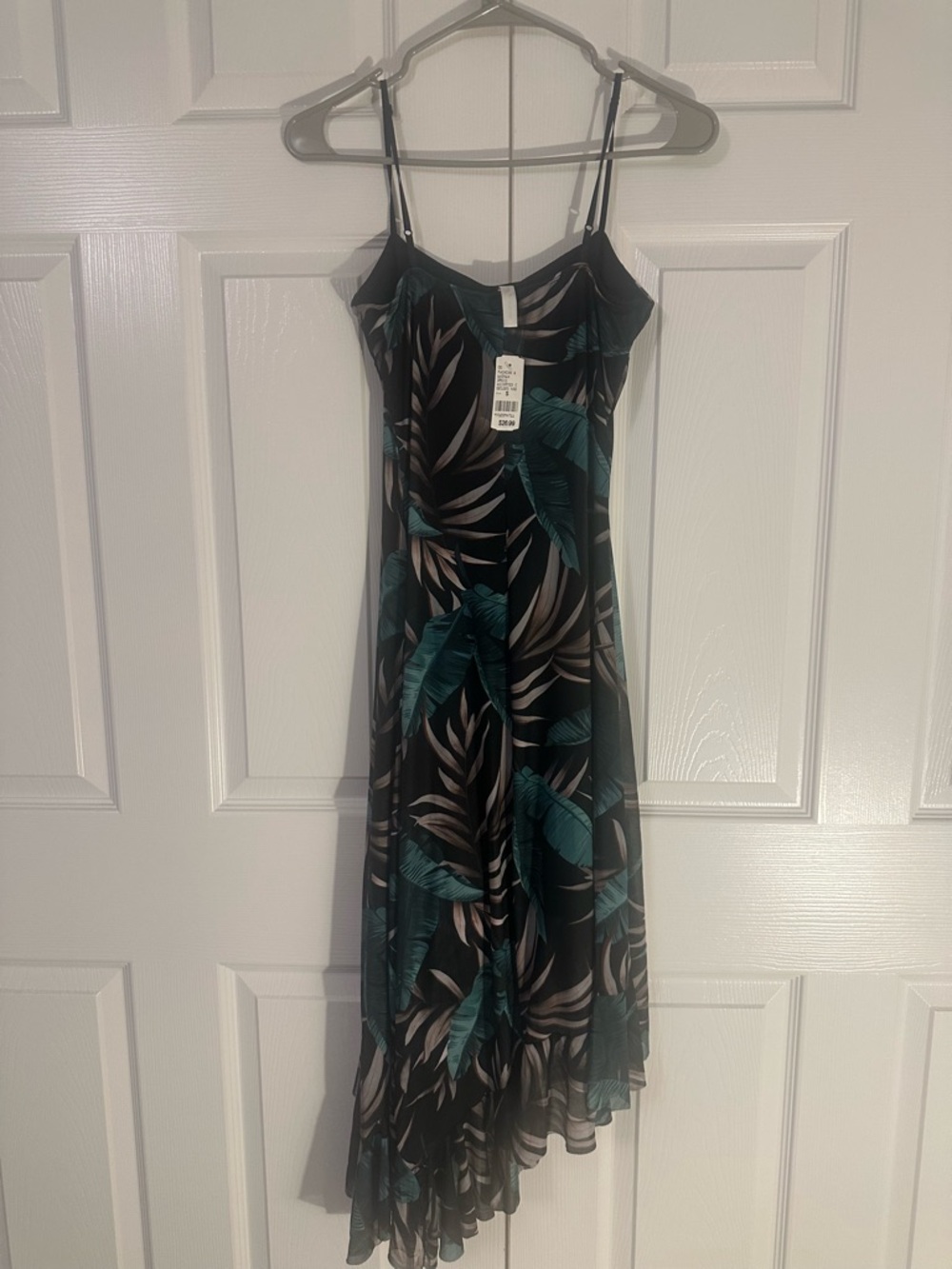 Asymmetrical Black Slip Dress with Teal Leaf Print